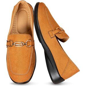 Women's Light Brown Casual Comfortable Metal Buckle Slip On Flat Loafers Shoes